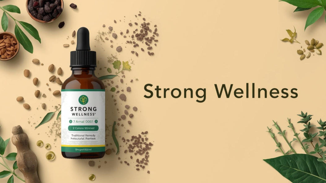 Bottle of Strong Wellness supplement with natural elements on a beige background